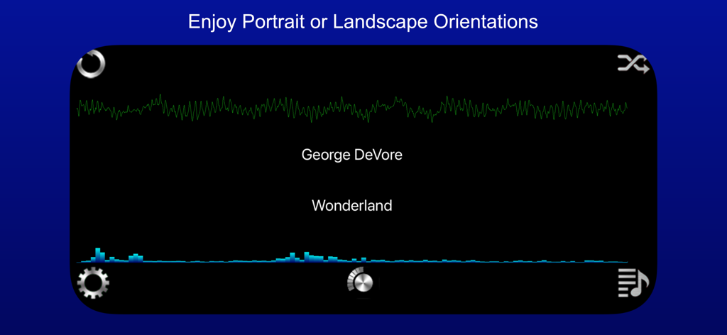 Sonance app interface in landscape orientation displaying music visualizations with a waveform and spectrum analyzer