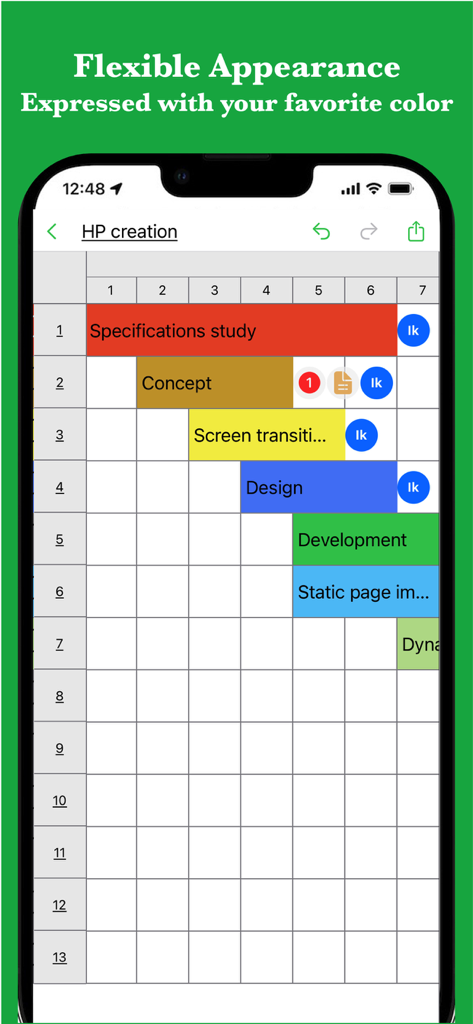 iGanttChart: Gantt Chart App - A mobile Gantt chart interface showing project tasks color-coded for visual tracking