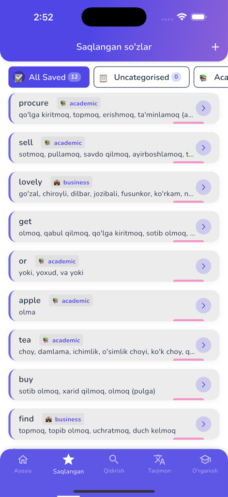 List of saved English words with Uzbek translations in the BRIDG dictionary app