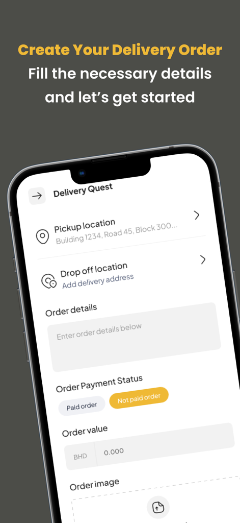 BARQ-برق - 場所と支払い情報を含む新しい配達注文を作成するためのBARQアプリインターフェイスを表示するスマートフォン。