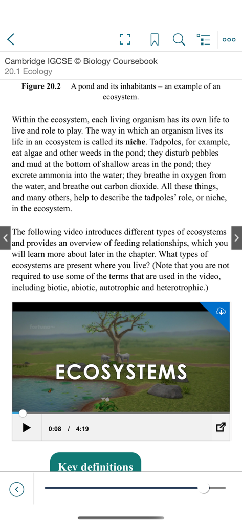 Cambridge Reader - Cambridge Reader app displaying an interactive biology coursebook page about ecosystems with text and video