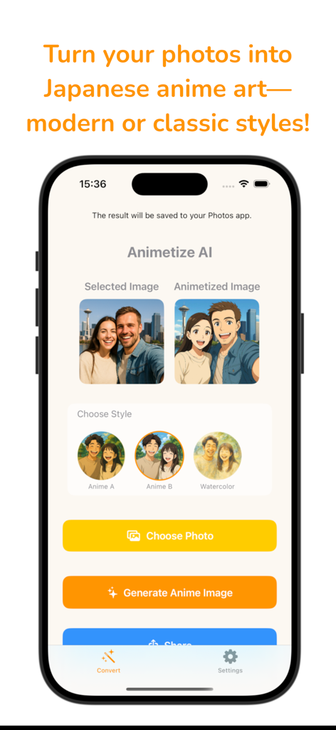 Animetize AI - Animetize AI app interface showing a couple photo transformed into a Japanese anime style illustration