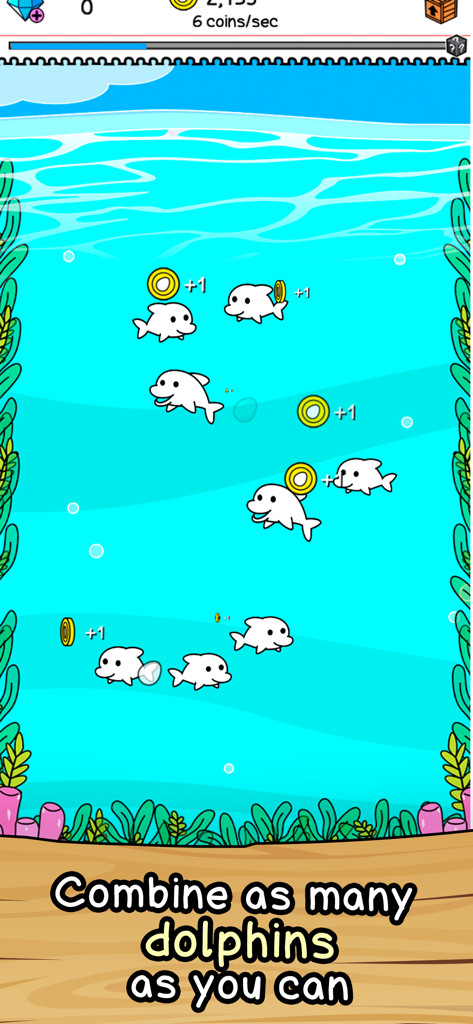 Dolphin Evolution - Dolphin Evolution gameplay showing white cartoon dolphins being merged underwater to earn coins