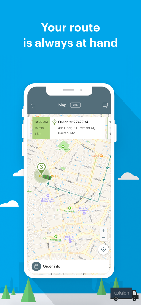 Interface da app Logistics Mobile que mostra uma rota de entrega e detalhes da encomenda num mapa da cidade.