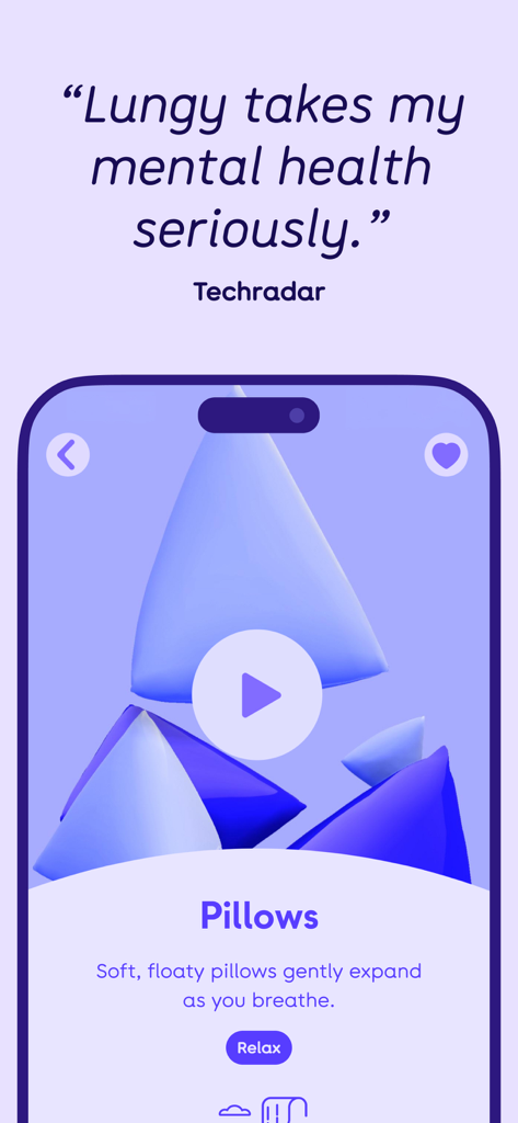 Captura de pantalla de la aplicación Lungy que muestra una interfaz de ejercicio de respiración con formas 3D abstractas y una reseña positiva de Techradar.
