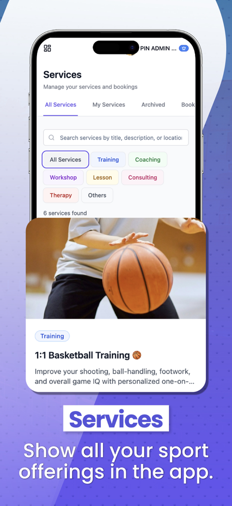 PIN Sport App services screen showing basketball training and coaching options