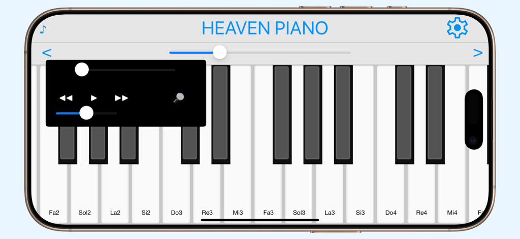 Heaven Piano - Heaven Piano app interface featuring a virtual keyboard with note labels and a built-in music player overlay