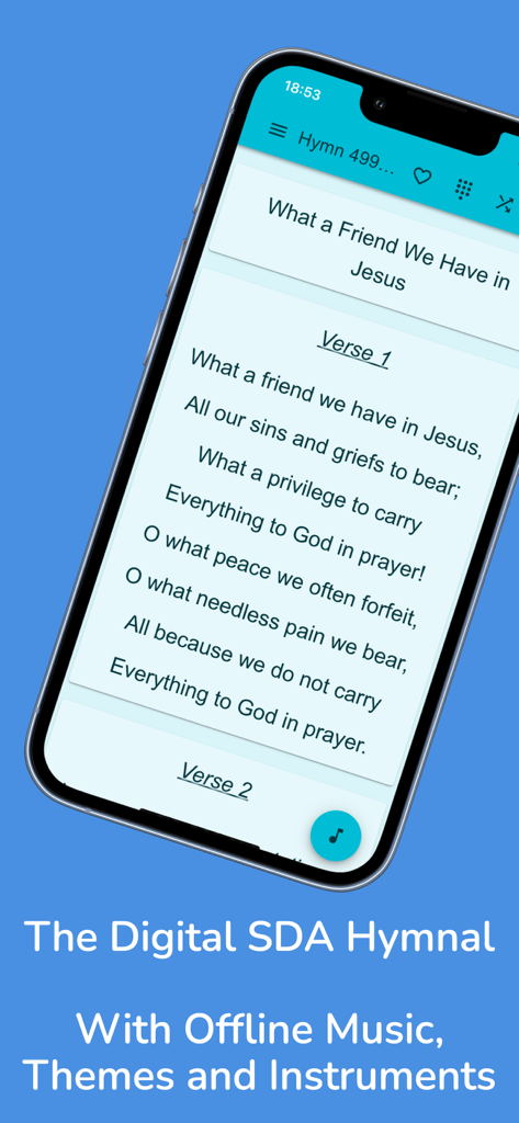 SDA Hymnal - Offline Music - Interfaz de la aplicación Himnario Adventista que muestra las letras del himno en un teléfono móvil