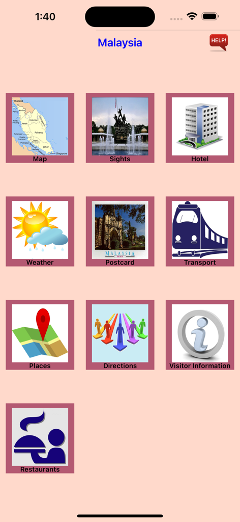 Visit Malaysiaアプリのメインダッシュボード。マップ、観光スポット、交通、レストランなどのトラベルツールのアイコングリッドが表示されています。