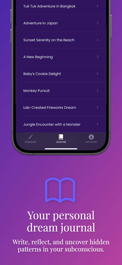 Dream Interpreter AI - Interface of the Dream Interpreter AI app showing a list of recorded dream journal entries on a smartphone.