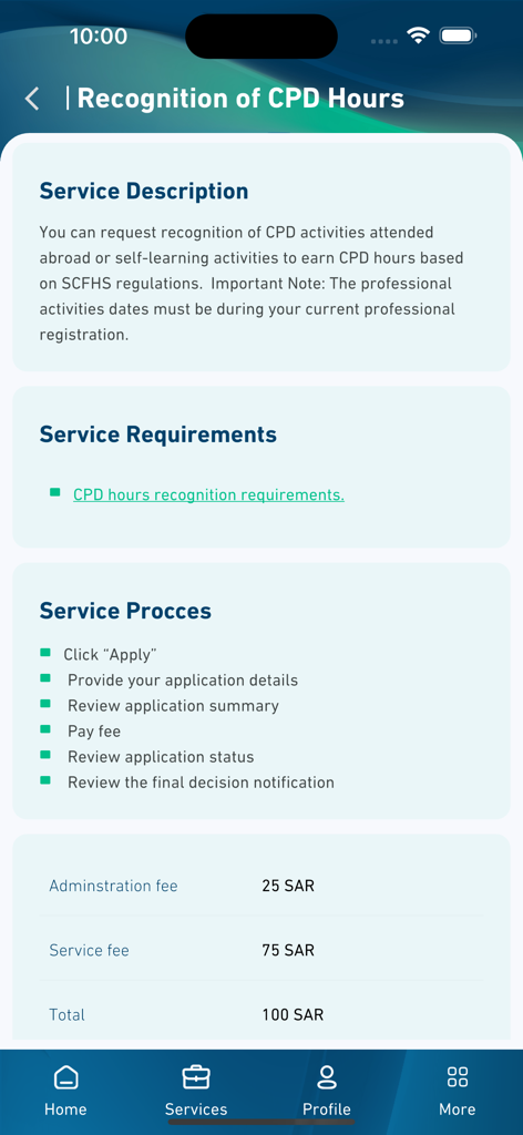Mumaris+ - Screen within the Mumaris plus app showing the service description process and fees for the recognition of CPD hours