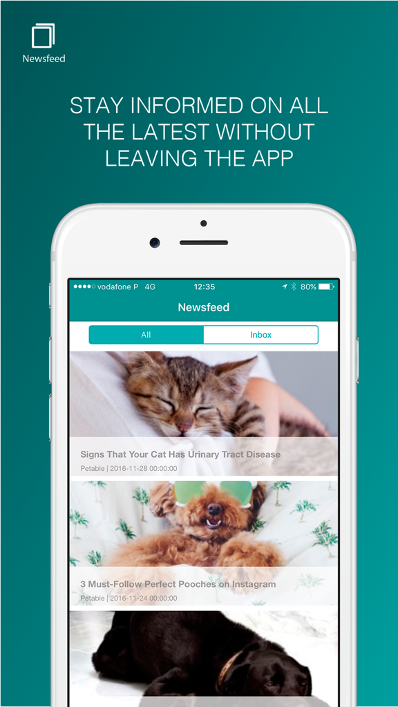 Petable - Petable app newsfeed screen showing pet care articles.