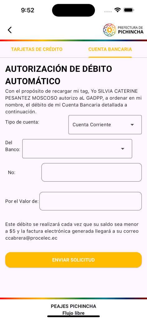 Peajes Pichincha V2 - Pantalla de autorización de débito automático para recargas de peaje en la aplicación Peajes Pichincha V2.