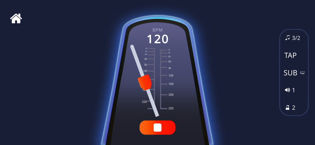 Pianist Master - Digital metronome screen with adjustable tempo set to 120 BPM and rhythm settings
