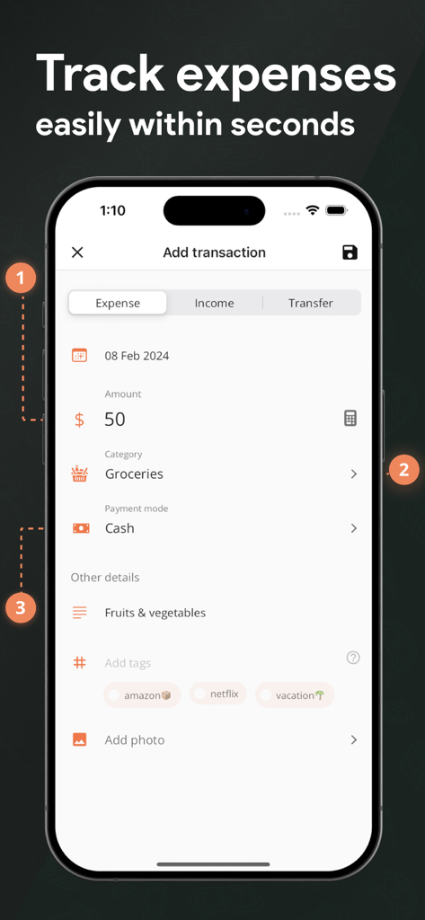 Expense Manager & Budgeting - 金額、カテゴリ、タグなどの詳細とともにトランザクションを追加する方法を示す予算管理アプリのインターフェース
