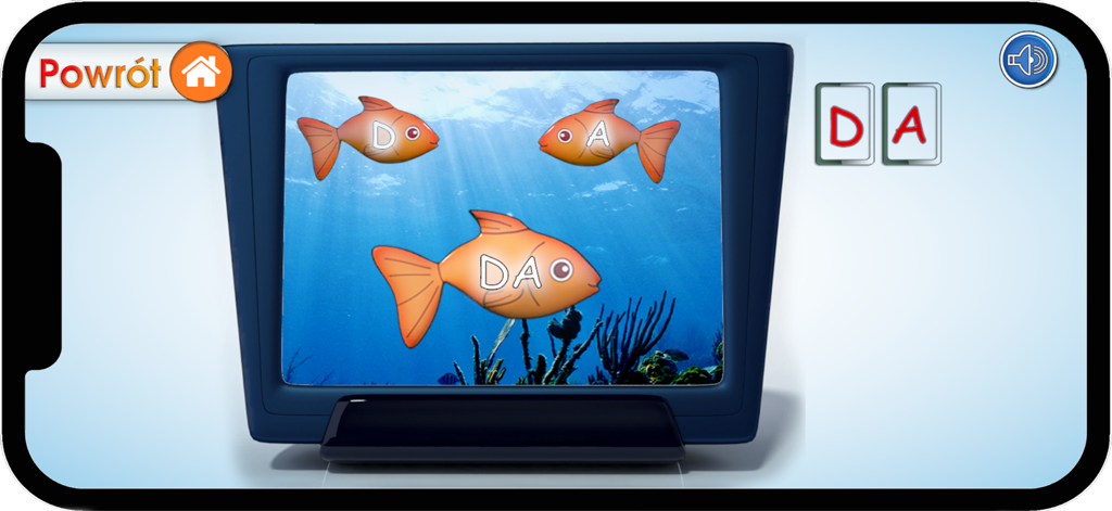 Literki T i D - Pantalla de la aplicación educativa polaca que muestra peces con las letras D y A formando una sílaba en una escena submarina