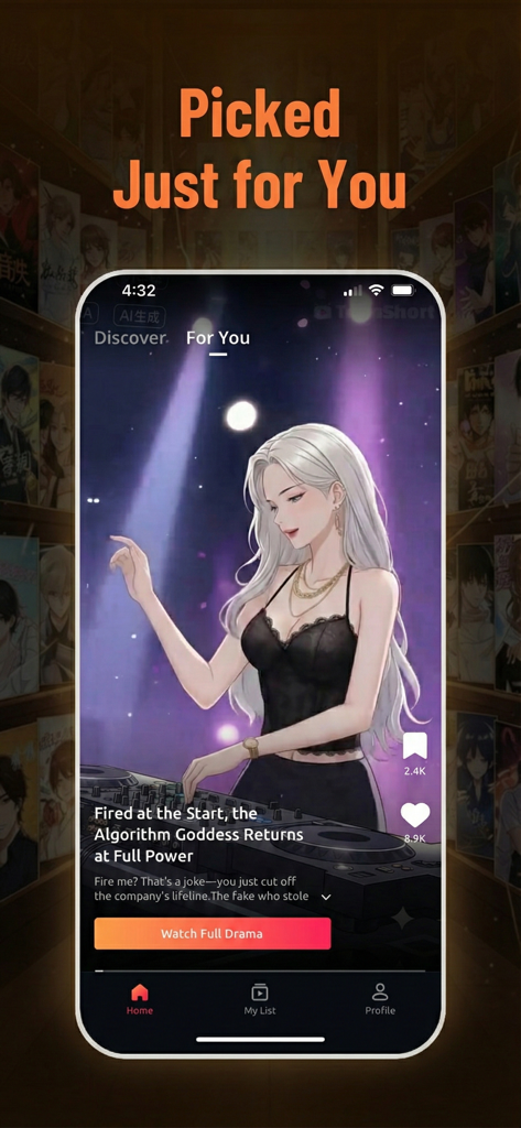Mobile interface of ToonShort app showing a personalized anime drama recommendation screen
