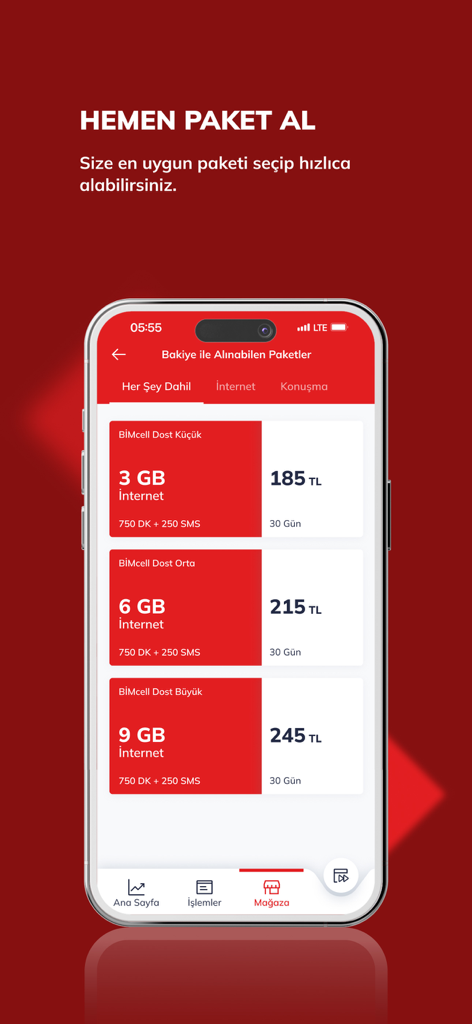 Bimcell Online İşlemler - Bimcell mobile app interface showing various prepaid data and call packages with prices.