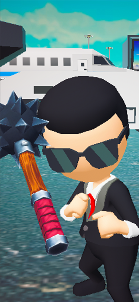Crazy Airport Chaos: Slap Game - A character in a suit and sunglasses holding a spiked mace weapon in front of an airport background