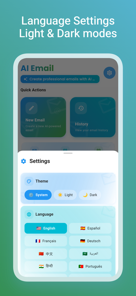 Einstellungsmenü des KI-E-Mail-Assistenten, das Sprachoptionen und Thema-Auswahlen anzeigt