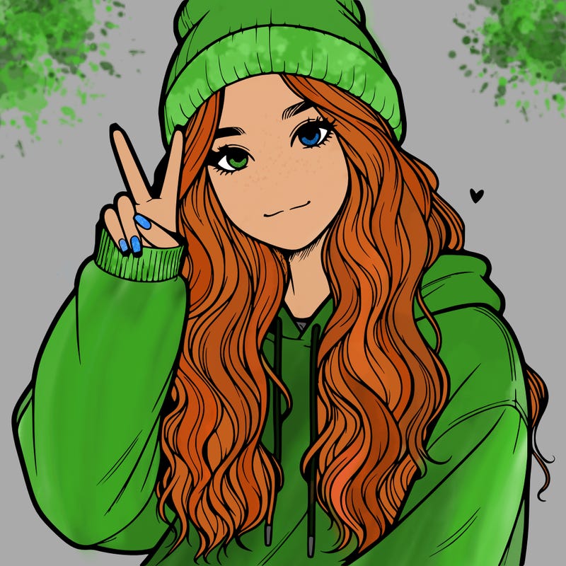 a teenage girl in a beanie, oversized sweatshirt, wavy long hair, and is showing a ✌️