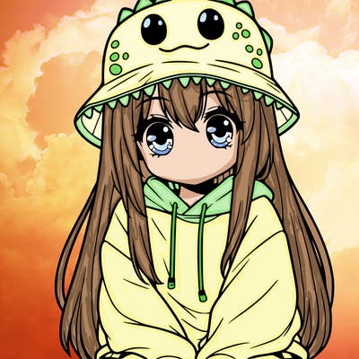 girl with anime shaped eyes with a dinosaur bucket hat oversized sweatshirt long straight hair