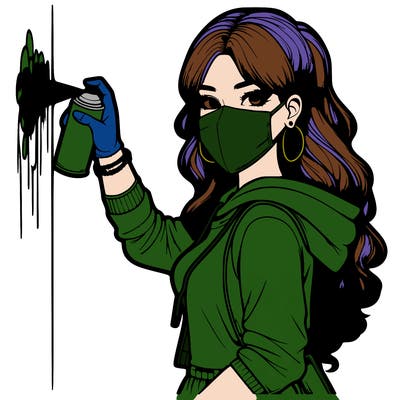 realistic girl with mask spray painting a wall