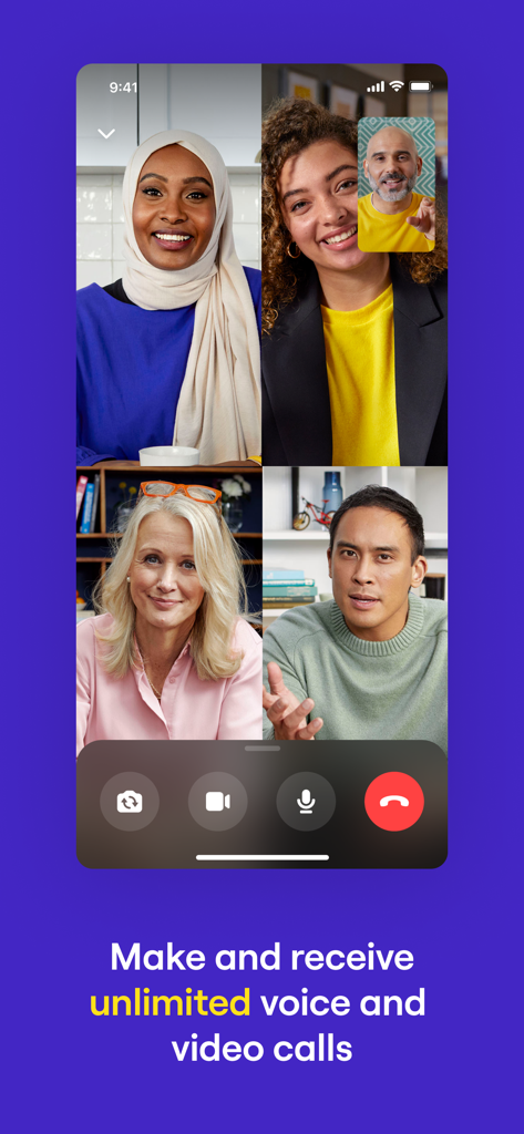 Un appel vidéo de groupe avec cinq collègues via l'interface de l'application mobile Workplace Chat.