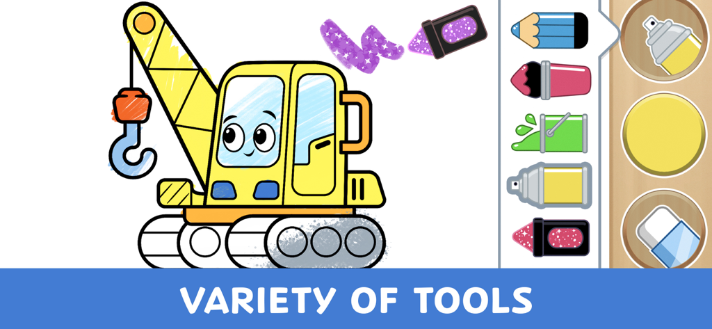 Kids Coloring Games & Drawing - Uma escavadeira amarela sendo colorida em um aplicativo de desenho para crianças com uma variedade de ferramentas e pincéis digitais