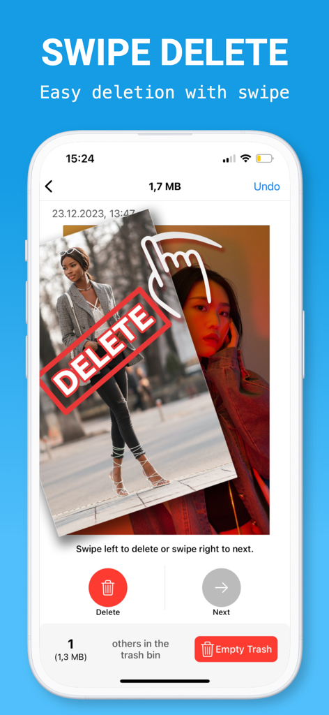 AI Cleaner—Clean Phone Storage - AI Cleaner app interface showing the swipe to delete feature for cleaning phone photo storage