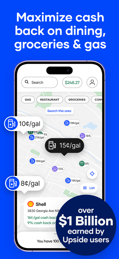 Map view in the Upside app showing cash back savings for gas and food near the user