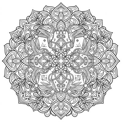 Immerse yourself in the delicate world of Hummingbird Mandalas. This intricate coloring page combines the elegance of these tiny birds with captivating symmetrical patterns, offering a unique artistic escape.