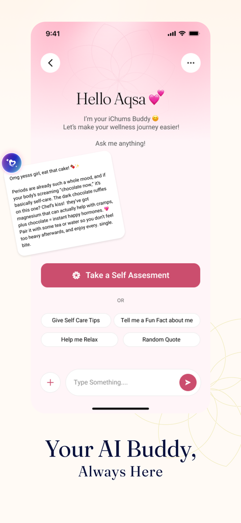 A screenshot of the iChums app showing the AI Buddy chat interface providing personalized wellness support and health tips.