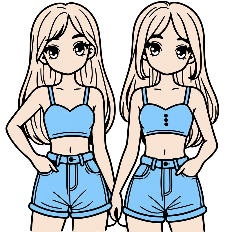 two sisters with crop tops and jean shorts and straight hair