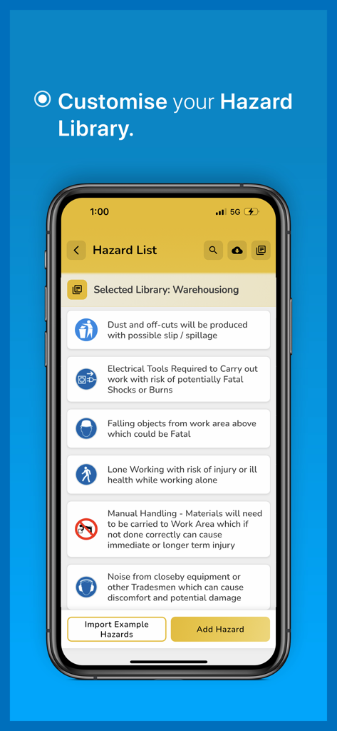 Risk Assessor Pro - A smartphone screen showing the Hazard List interface within the Risk Assessor Pro app with various workplace safety risks listed