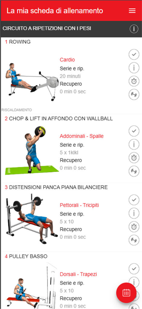 MauroFitnessCoach - MauroFitnessCoach mobile app showing a list of strength training exercises with 3D illustrations.