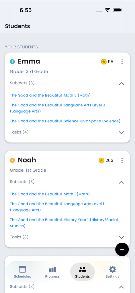 Homeschool Scheduler - Homeschool Scheduler app students screen showing profiles for Emma and Noah with their grades subjects and reward coins