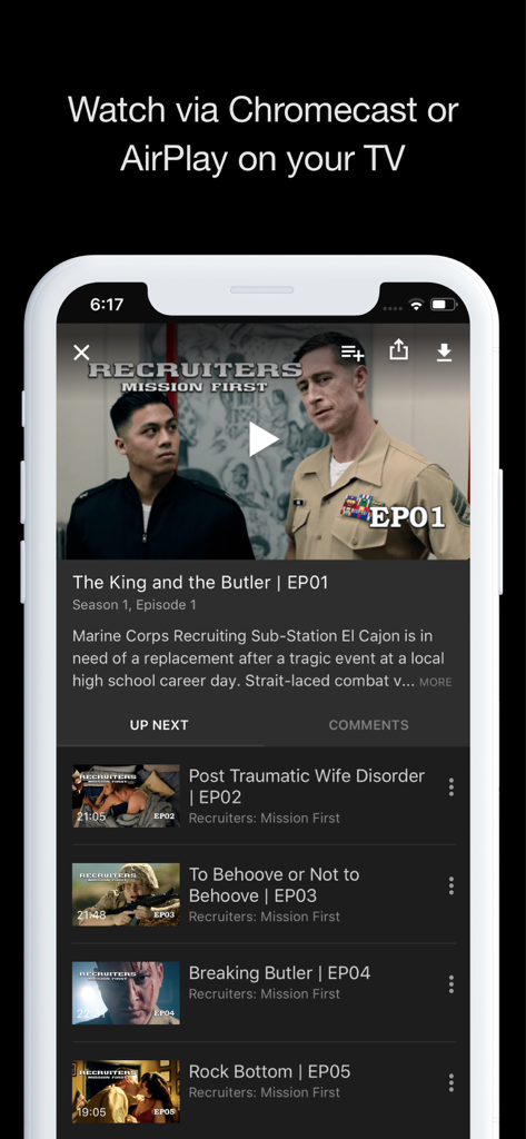 VET Tv app interface with video player and list of military comedy episodes