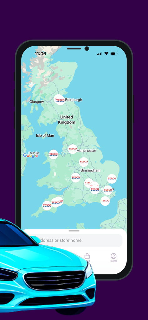 Clean Car Club+ - Mapa de la aplicación móvil Clean Car Club que muestra las ubicaciones de lavado de autos de Tesco en todo el Reino Unido