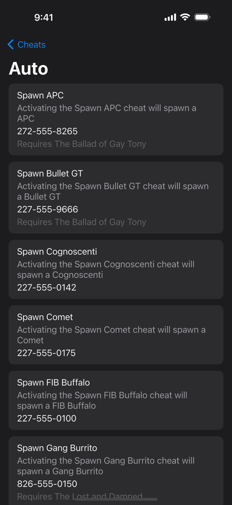 Mobile App-Oberfläche, die eine Liste von Fahrzeug-Spawn-Cheat-Codes für Grand Theft Auto 4 anzeigt