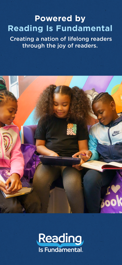 Skybrary – Kids Books & Videos - Three children reading books and using a tablet with the Reading Is Fundamental logo