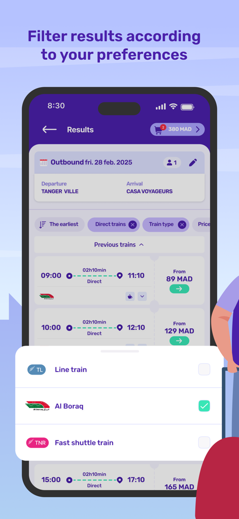 ONCF Voyages - Pantalla de smartphone que muestra los resultados de búsqueda de viajes en tren de Tánger a Casablanca con un menú de filtros seleccionando el tren de alta velocidad Al Boraq.