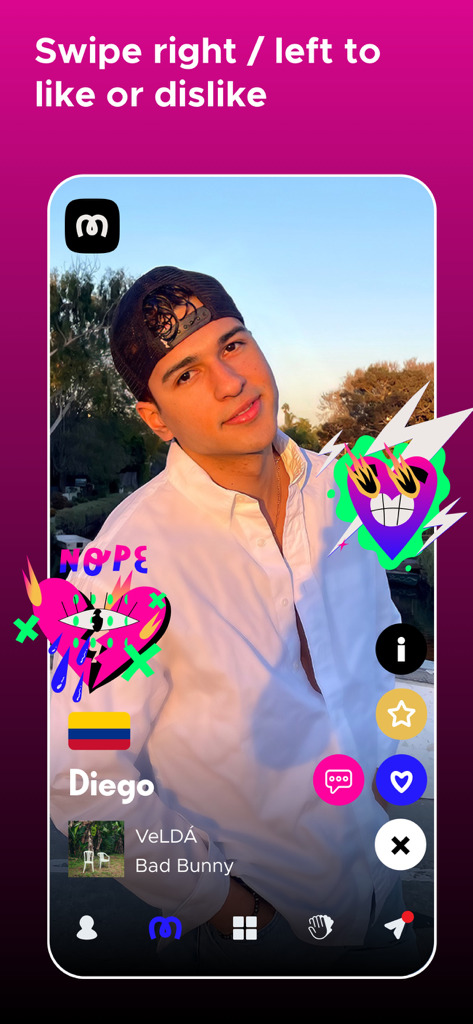 Mi Gente - Latino Dating - Interface of Mi Gente Latino dating app showing a user profile with swipe left and right options