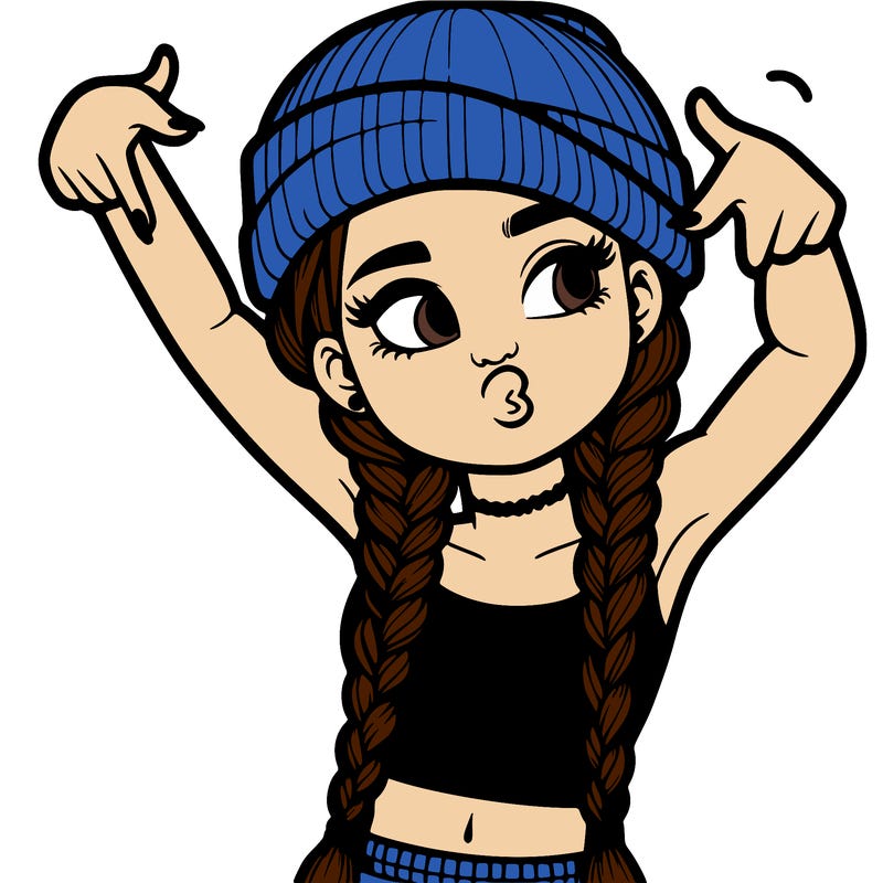 realistic teenage girl with braids and a beanie and crop top doing 🫶🏼