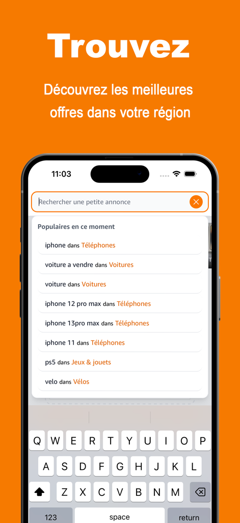 Pantalla de búsqueda de la aplicación Anuncios en Francia que muestra categorías populares de anuncios clasificados para teléfonos, coches y consolas de videojuegos
