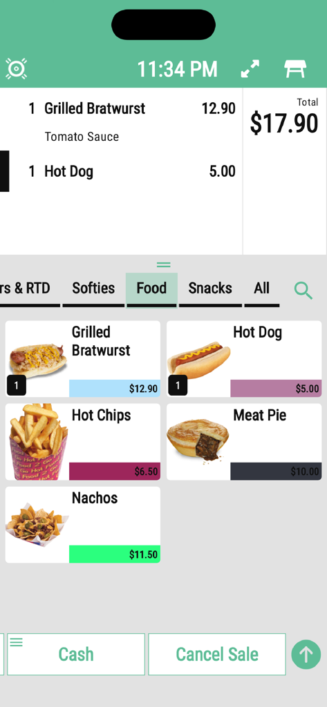 Checkout screen of the myvenue POS app showing a food menu and order total