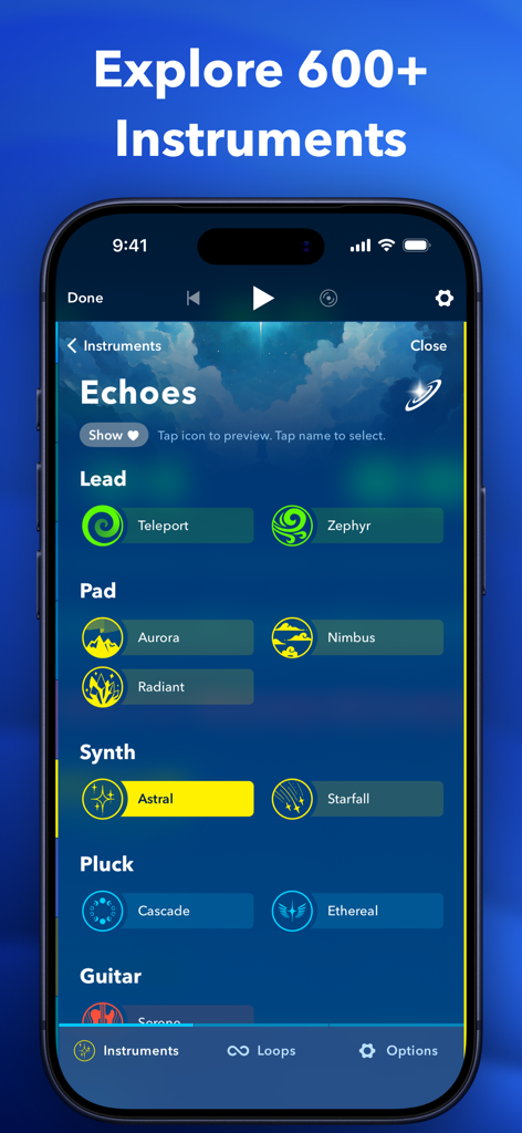 Interfaccia dell'app Medly che mostra un elenco di strumenti musicali tra cui le categorie Lead, Pad e Synth.
