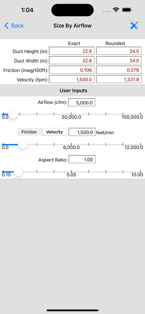HVAC Duct Sizer - HVAC Duct Sizer mobile app interface for calculating duct dimensions by airflow