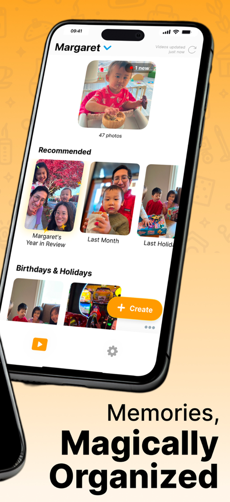 Recap - Photo Timelapse - The Recap app interface showing organized photo albums and family memory profiles for a child