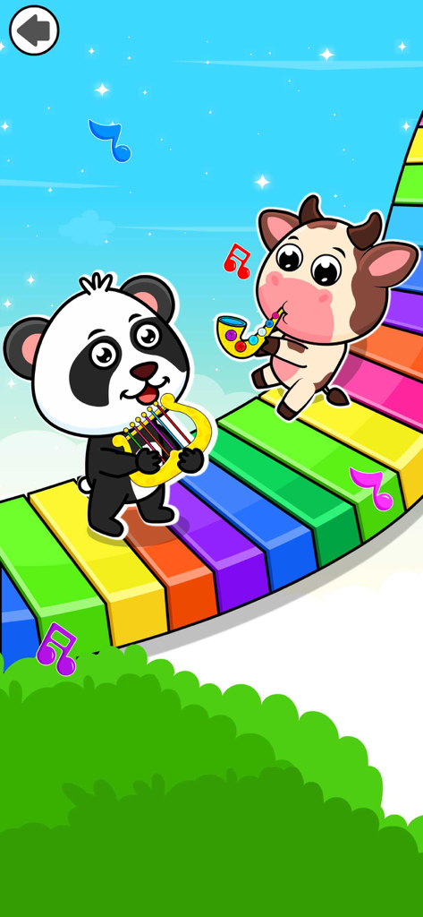 A panda and cow playing instruments on a rainbow piano keyboard